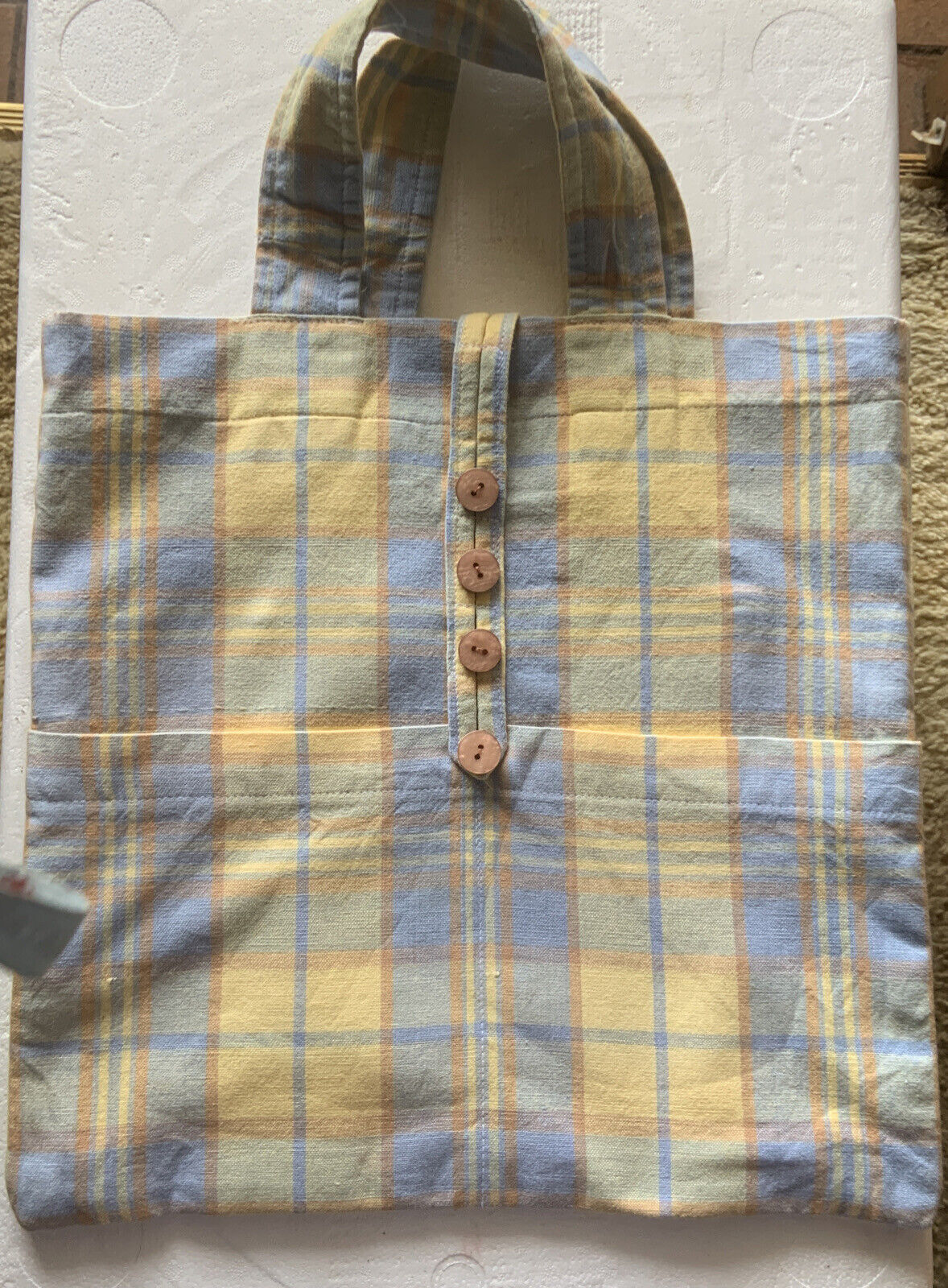 TOTE BAG Handmade Lined Shopping Yellow Blue Check Cotton Fabric Reusable