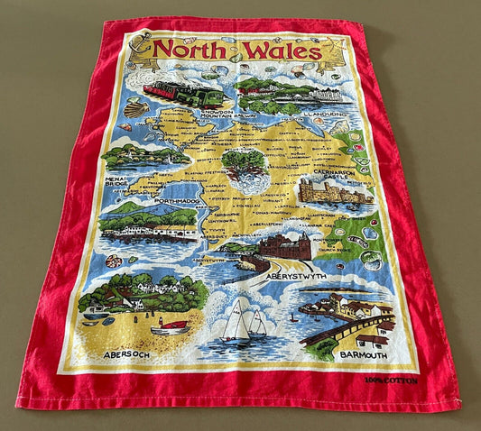 Vintage Cotton Tea Towel NORTH WALES UK Map and Tourist Attractions Multicolour