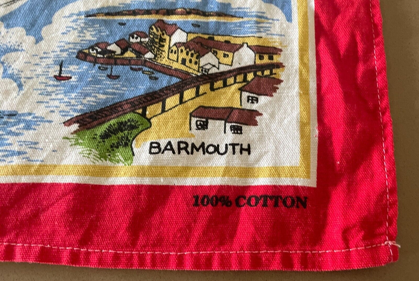 Vintage Cotton Tea Towel NORTH WALES UK Map and Tourist Attractions Multicolour