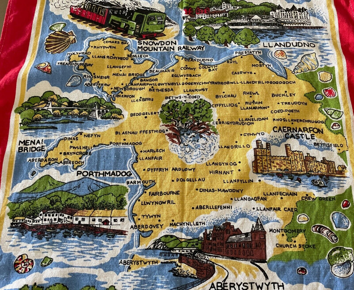 Vintage Cotton Tea Towel NORTH WALES UK Map and Tourist Attractions Multicolour