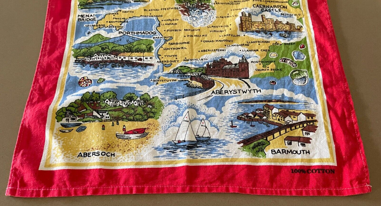 Vintage Cotton Tea Towel NORTH WALES UK Map and Tourist Attractions Multicolour