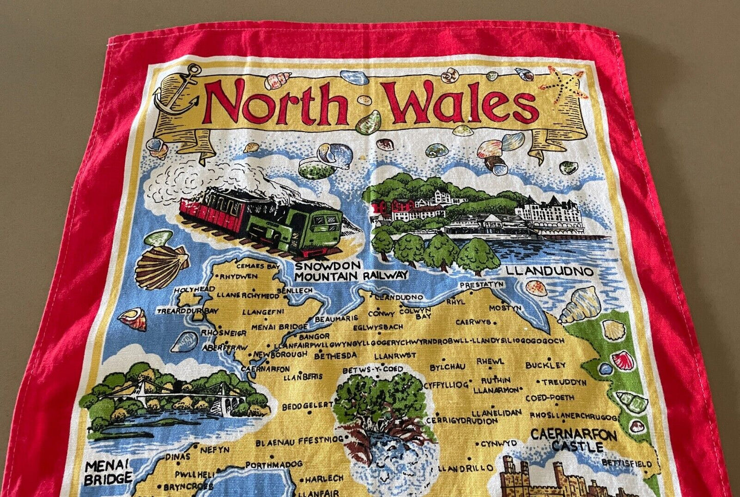 Vintage Cotton Tea Towel NORTH WALES UK Map and Tourist Attractions Multicolour