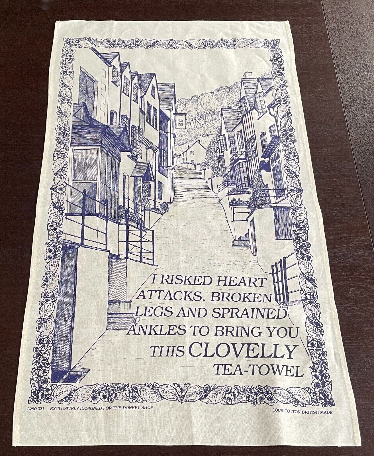Vintage Cotton Tea Towel The Donkey Shop Clovelly Devon UK Blue White Souvenir