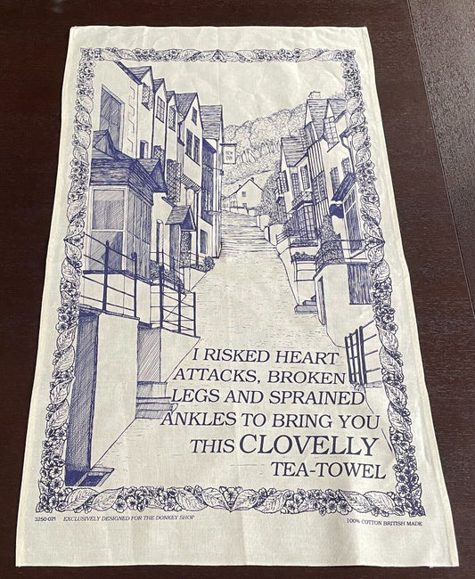 Vintage Cotton Tea Towel The Donkey Shop Clovelly Devon UK Blue White Souvenir