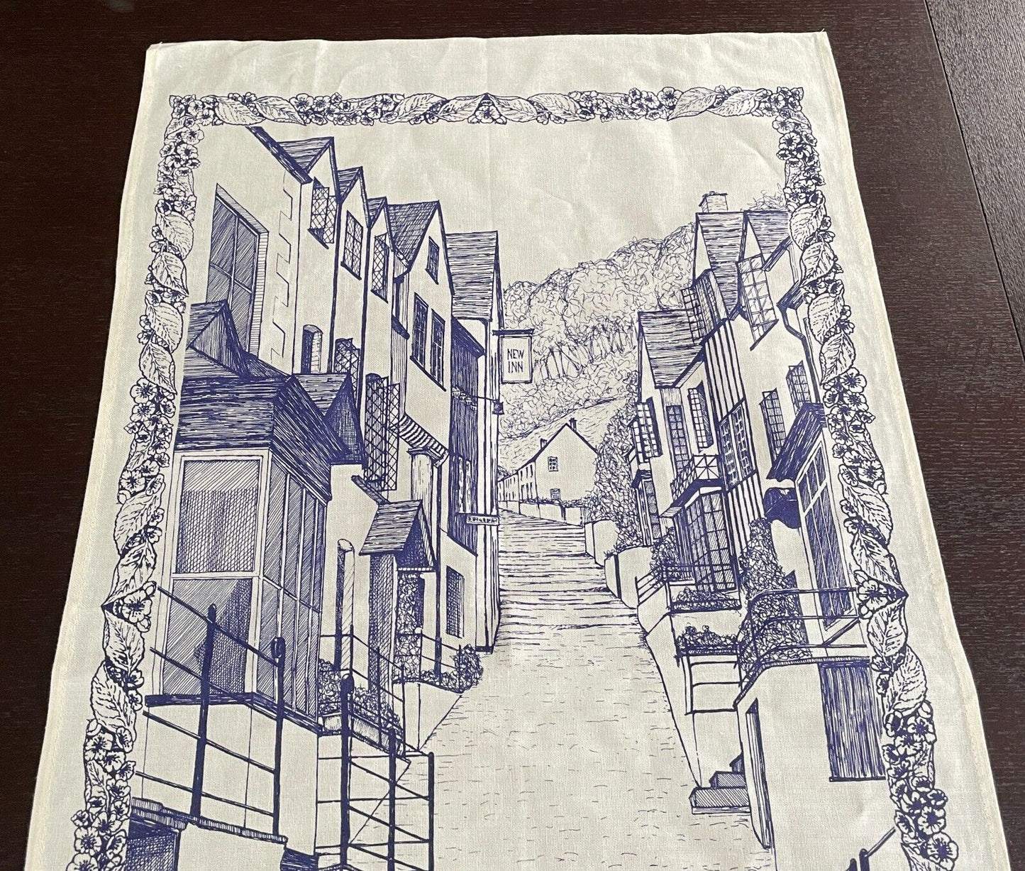 Vintage Cotton Tea Towel The Donkey Shop Clovelly Devon UK Blue White Souvenir