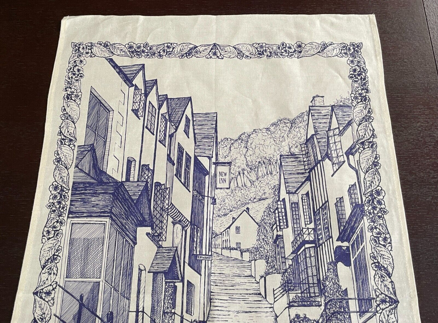 Vintage Cotton Tea Towel The Donkey Shop Clovelly Devon UK Blue White Souvenir