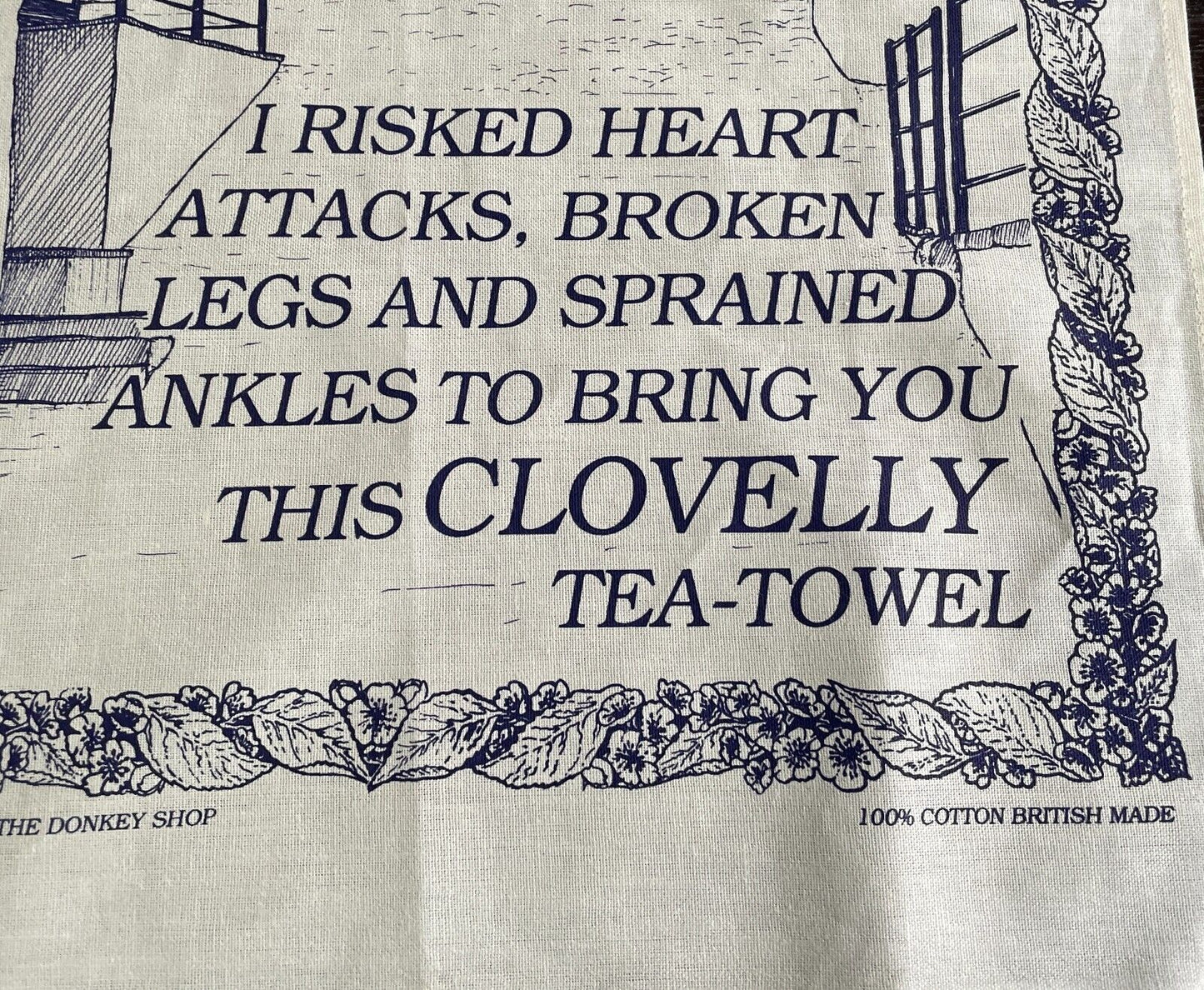 Vintage Cotton Tea Towel The Donkey Shop Clovelly Devon UK Blue White Souvenir