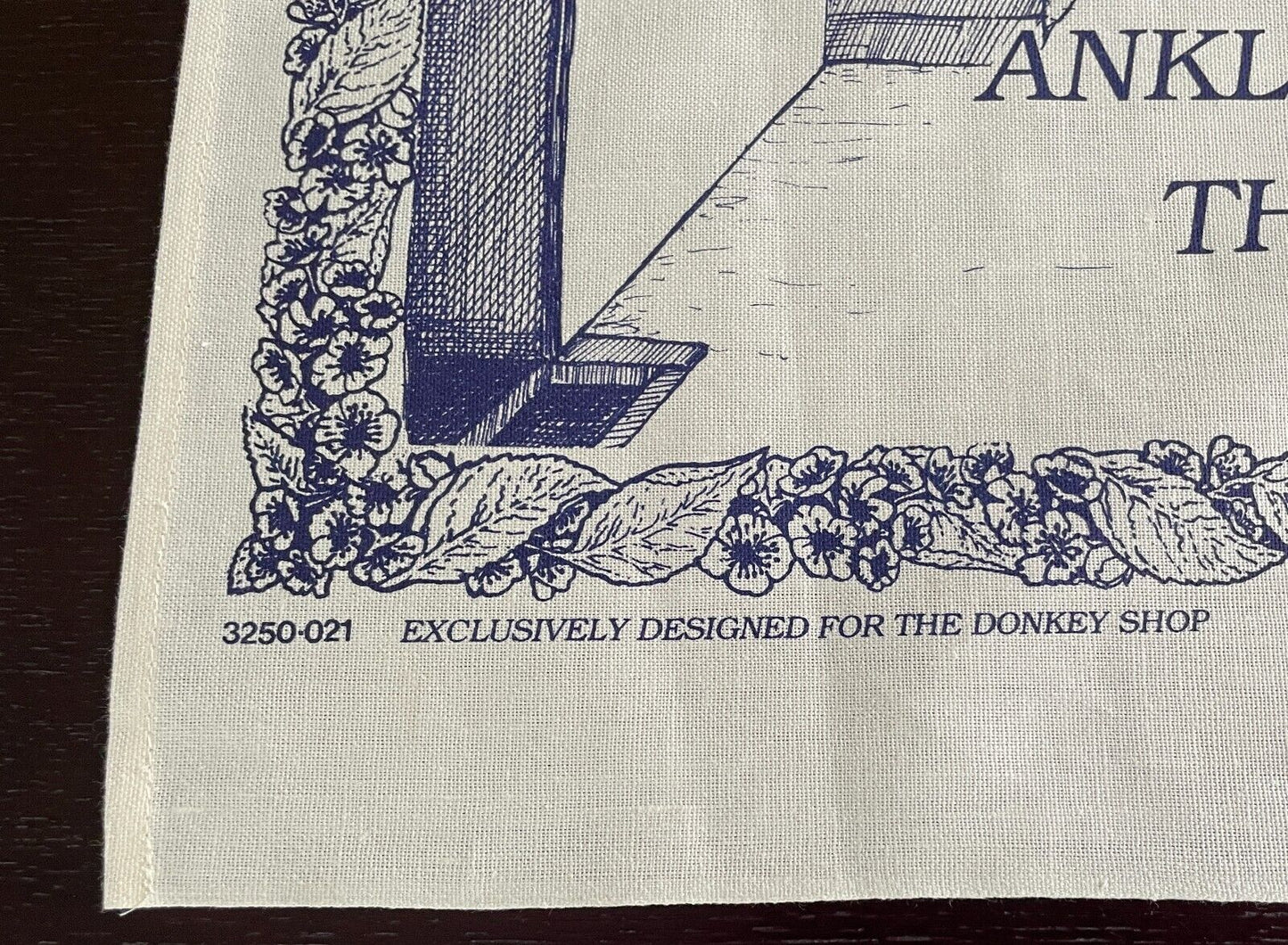 Vintage Cotton Tea Towel The Donkey Shop Clovelly Devon UK Blue White Souvenir