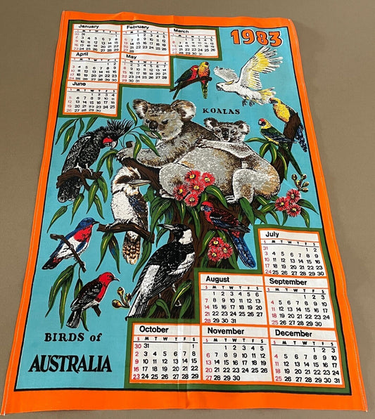 Vintage "1983" Tea Towel BIRDS OF AUSTRALIA Koala Print Calendar Year Unused NEW
