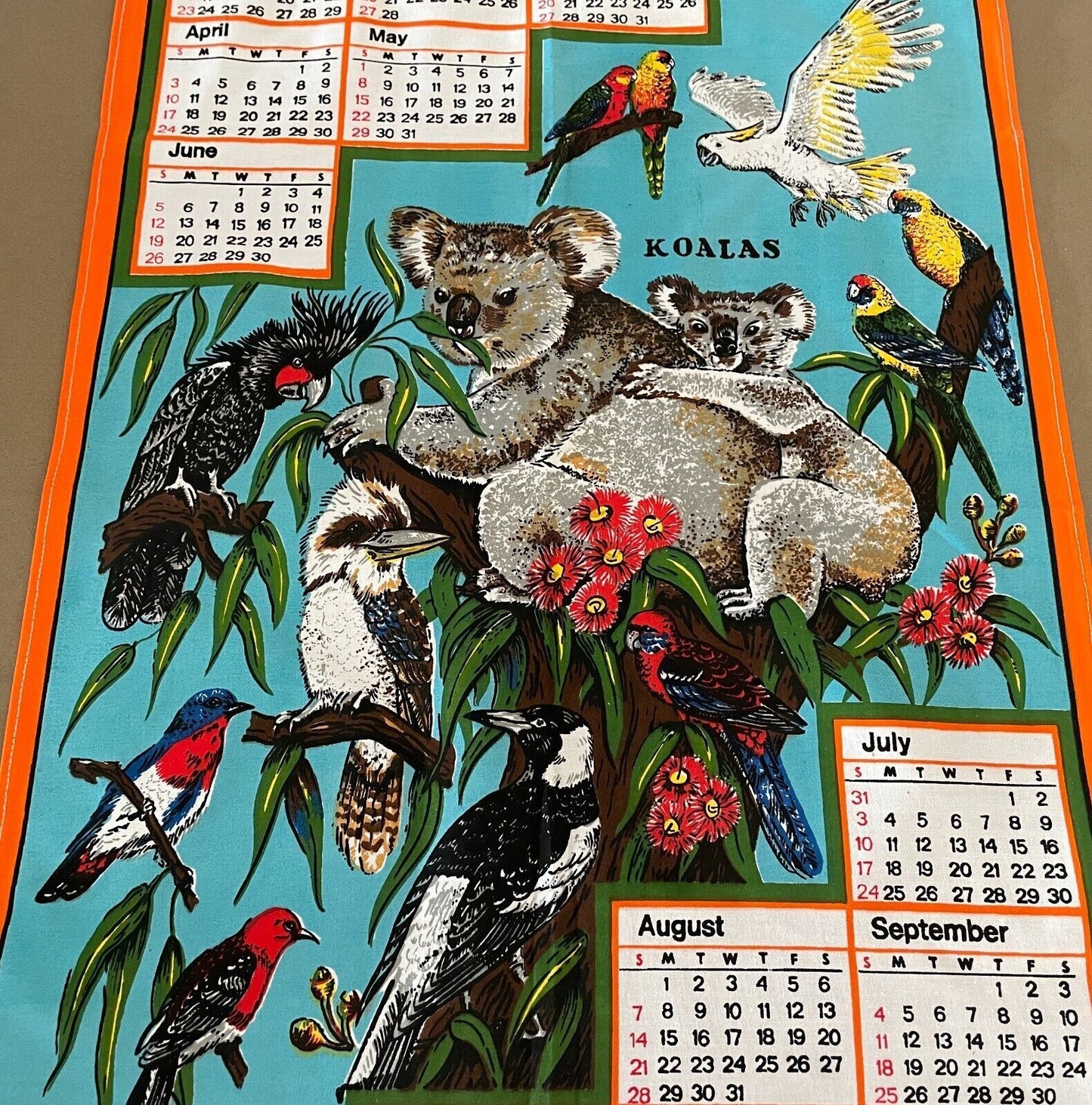 Vintage "1983" Tea Towel BIRDS OF AUSTRALIA Koala Print Calendar Year Unused NEW