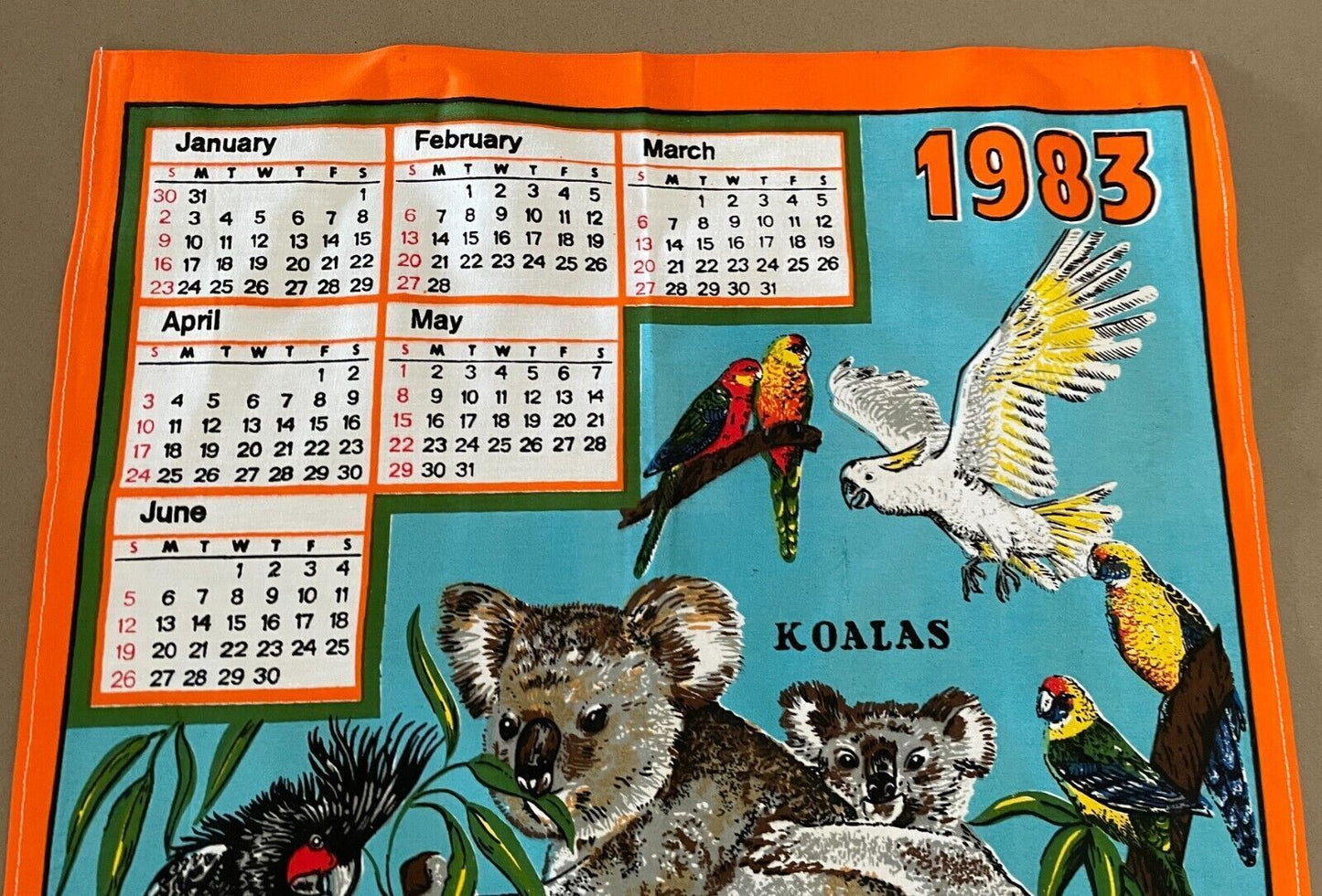 Vintage "1983" Tea Towel BIRDS OF AUSTRALIA Koala Print Calendar Year Unused NEW