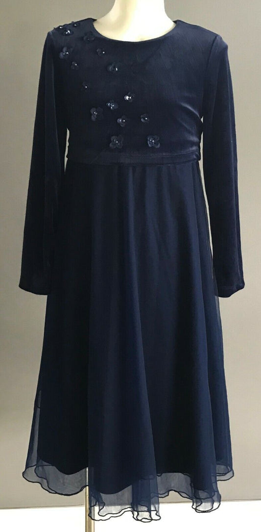 VICTORIA ROSE Dress Navy Velvet & Tulle Floral Trim Party Formal Flower Girls 10