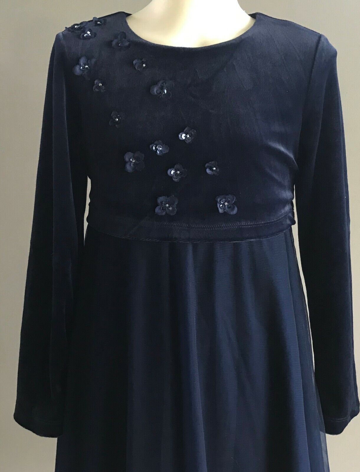 VICTORIA ROSE Dress Navy Velvet & Tulle Floral Trim Party Formal Flower Girls 10