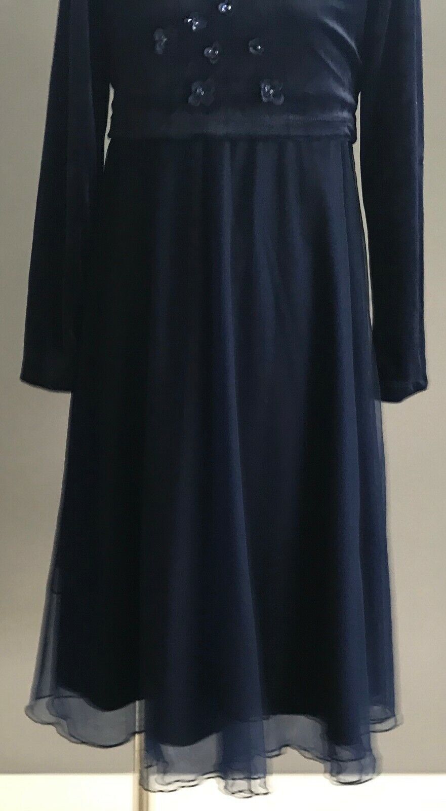 VICTORIA ROSE Dress Navy Velvet & Tulle Floral Trim Party Formal Flower Girls 10