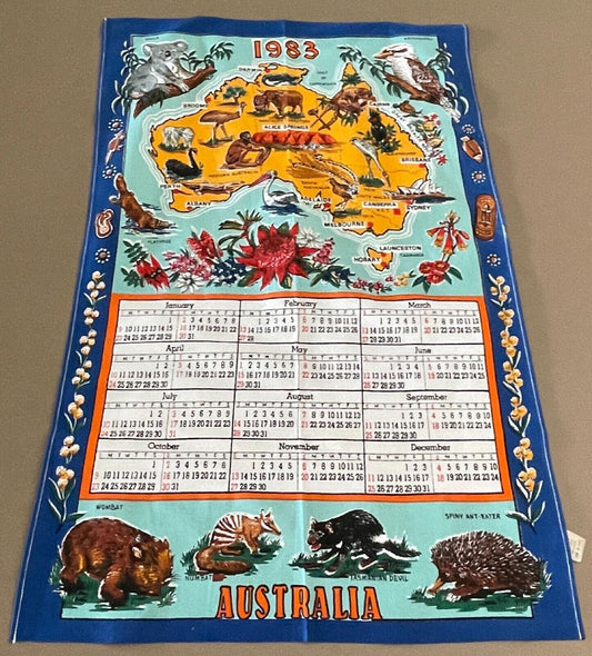 Vintage " 1983 " Tea Towel Australia Map Australian Animals Wildflower Print NEW