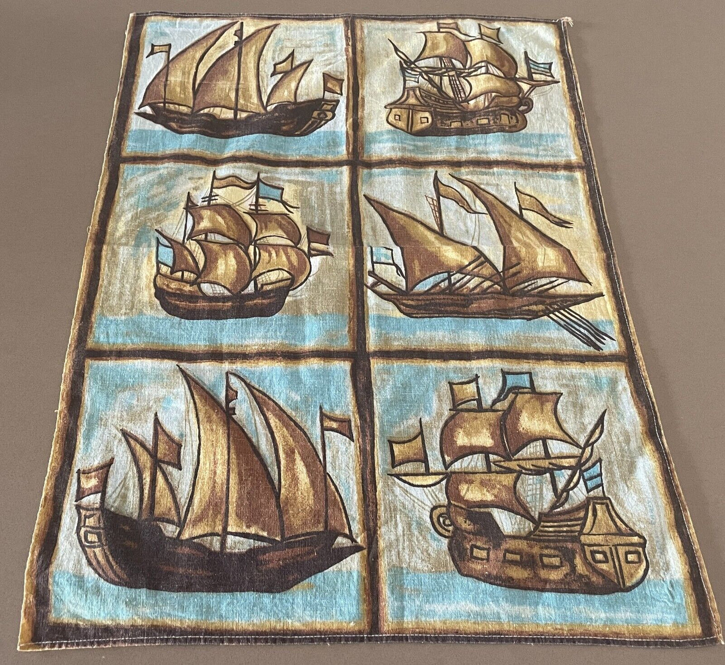 Vintage Cotton Tea Towel TALL SHIPS Print Nostalgic Brown Blue Yellow NEW