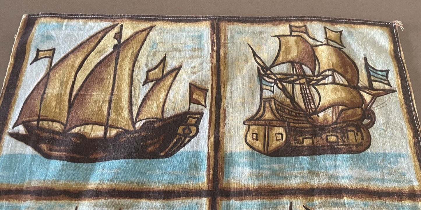 Vintage Cotton Tea Towel TALL SHIPS Print Nostalgic Brown Blue Yellow NEW