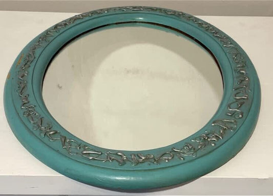 Vintage Rustic Teal Wooden Mirror Oval 51.5cm Raised Moulding Distressed Look