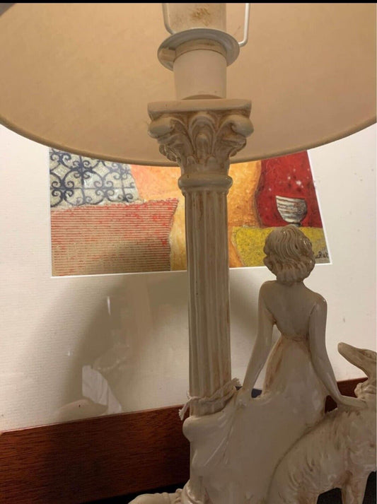 Vintage Table Lamp Lady W 2 Hound  Dogs Ceramic 33cm High To Fitting - Working
