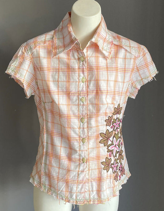 Vintage Girls MARY-KATE AND ASHLEY Cap Sleeve Check Shirt Sze 10 Floral Applique