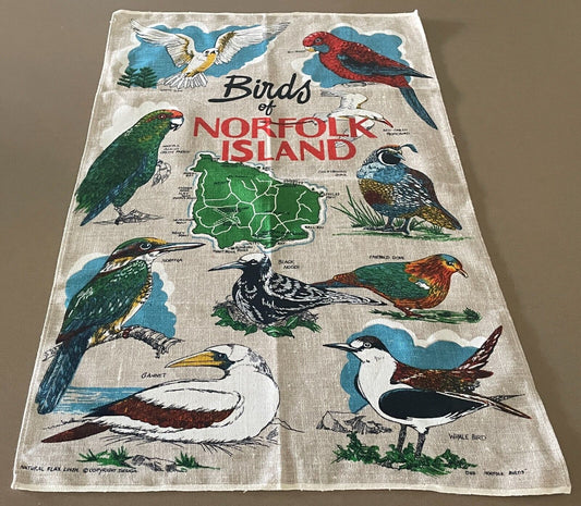 Vintage Tea Towel BIRDS OF NORFOLK ISLAND Map of Norfolk Island Print Souvenir