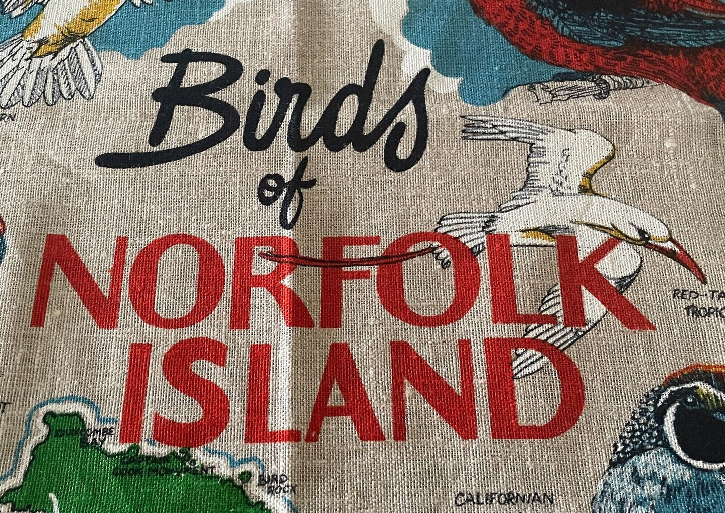 Vintage Tea Towel BIRDS OF NORFOLK ISLAND Map of Norfolk Island Print Souvenir