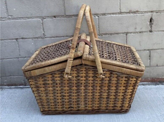Vintage Picnic Basket 41.5cm Woven Wicker BAMBOO Split Cane Hamper 2 tone AE50