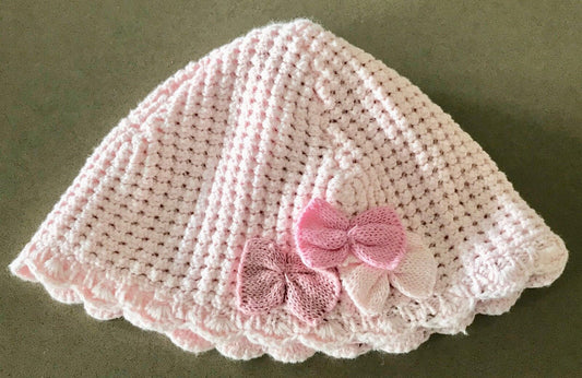 Vintage Knit Beanie PUDDLE DUCKLINGS Pink Crochet  w Bow Trim Girls Size S