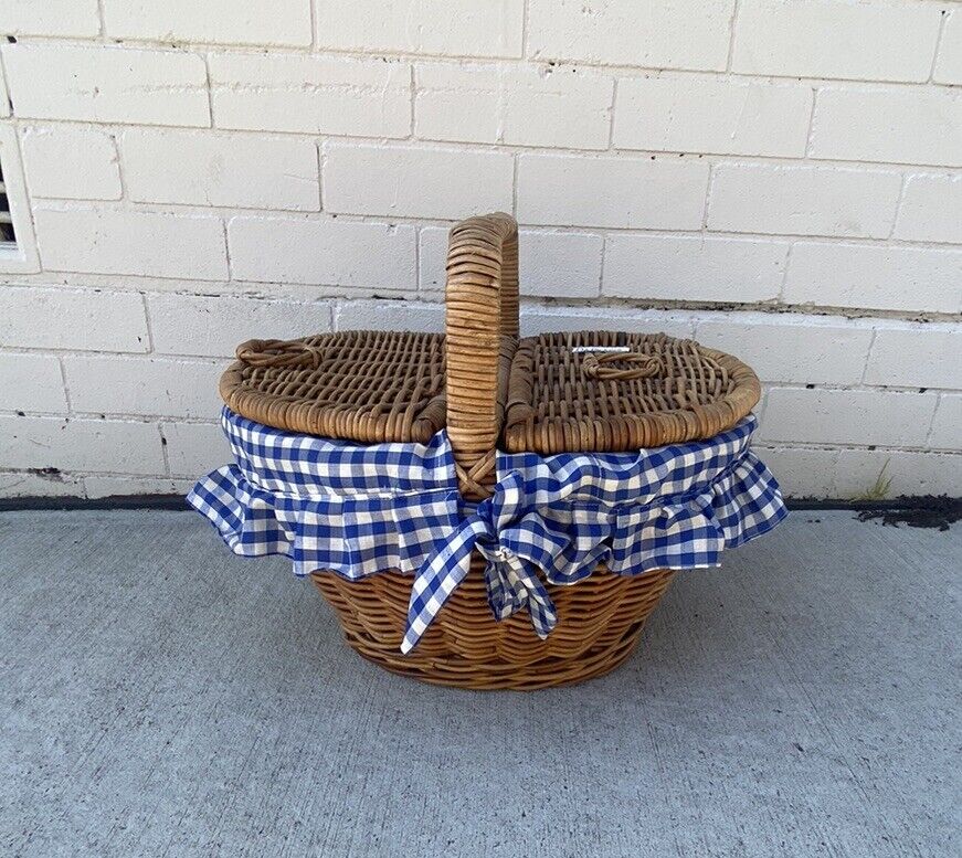 Vintage Picnic Basket 47cm Bamboo Cane French  Check Liner Display Storage E131