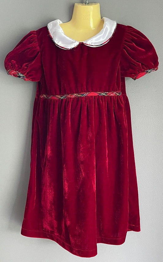 Vintage Girls LONGROAL Deep Red Velour Tartan Trim  Peter Pan Collar Sz 5 no tag