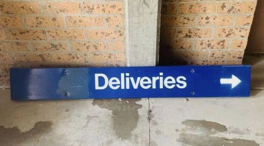 Vintage “Deliveries” Blue ENAMEL SIGN 150x 20cm GALVANISED Ready to Hang 4 Holes