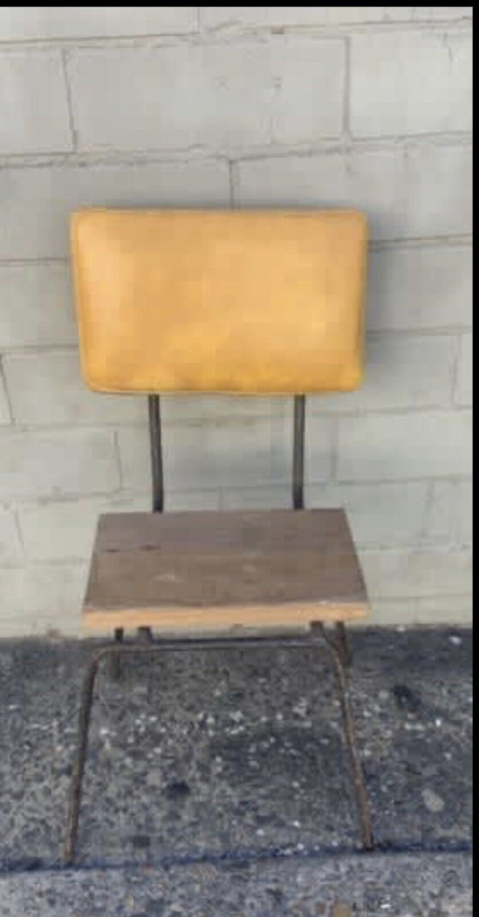 Vintage Wrought Iron Child School Chair Metal Wood Vinyl Back Rest Kids Teddy
