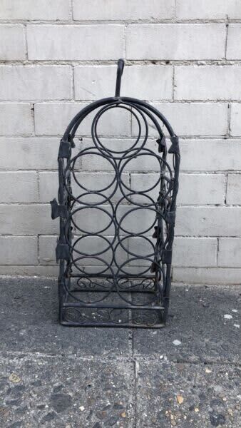 WINE RACK 1980's Black Wrought Iron 9 bottles WineRack Handle Floor Bench MobIle