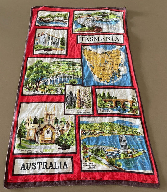 Vintage Tea Towel TASMANIA Australia Souvenir Attractions Launceston & Hobart