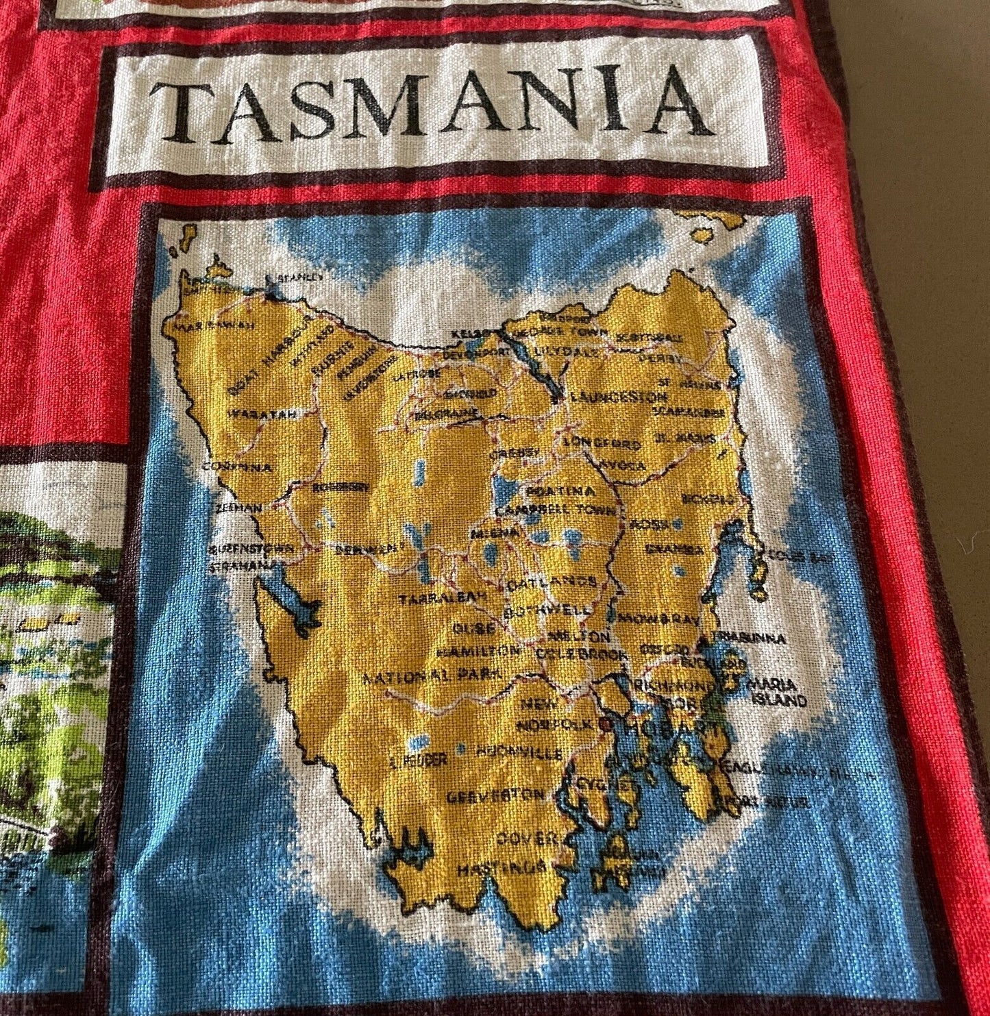 Vintage Tea Towel TASMANIA Australia Souvenir Attractions Launceston & Hobart