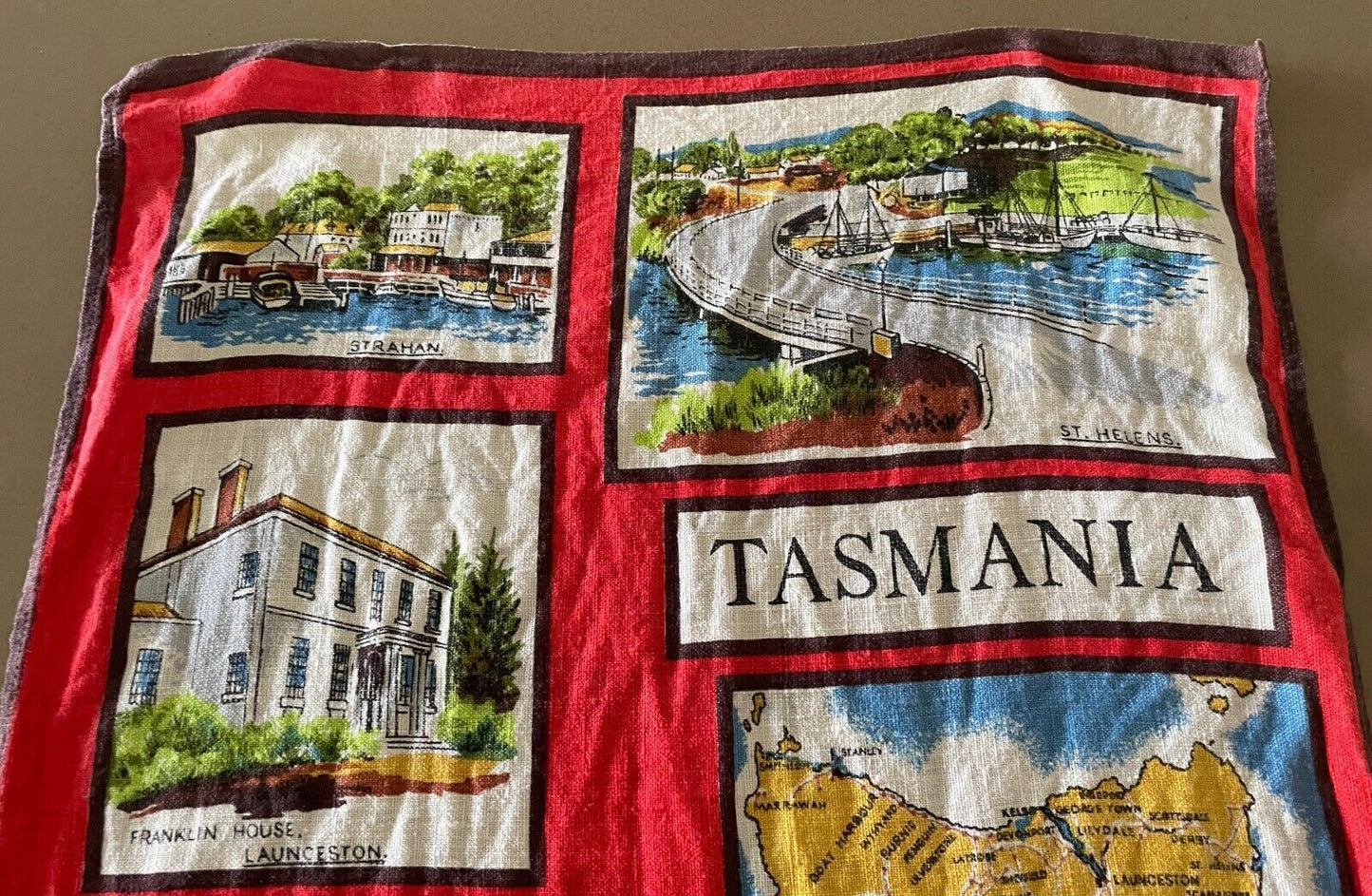 Vintage Tea Towel TASMANIA Australia Souvenir Attractions Launceston & Hobart
