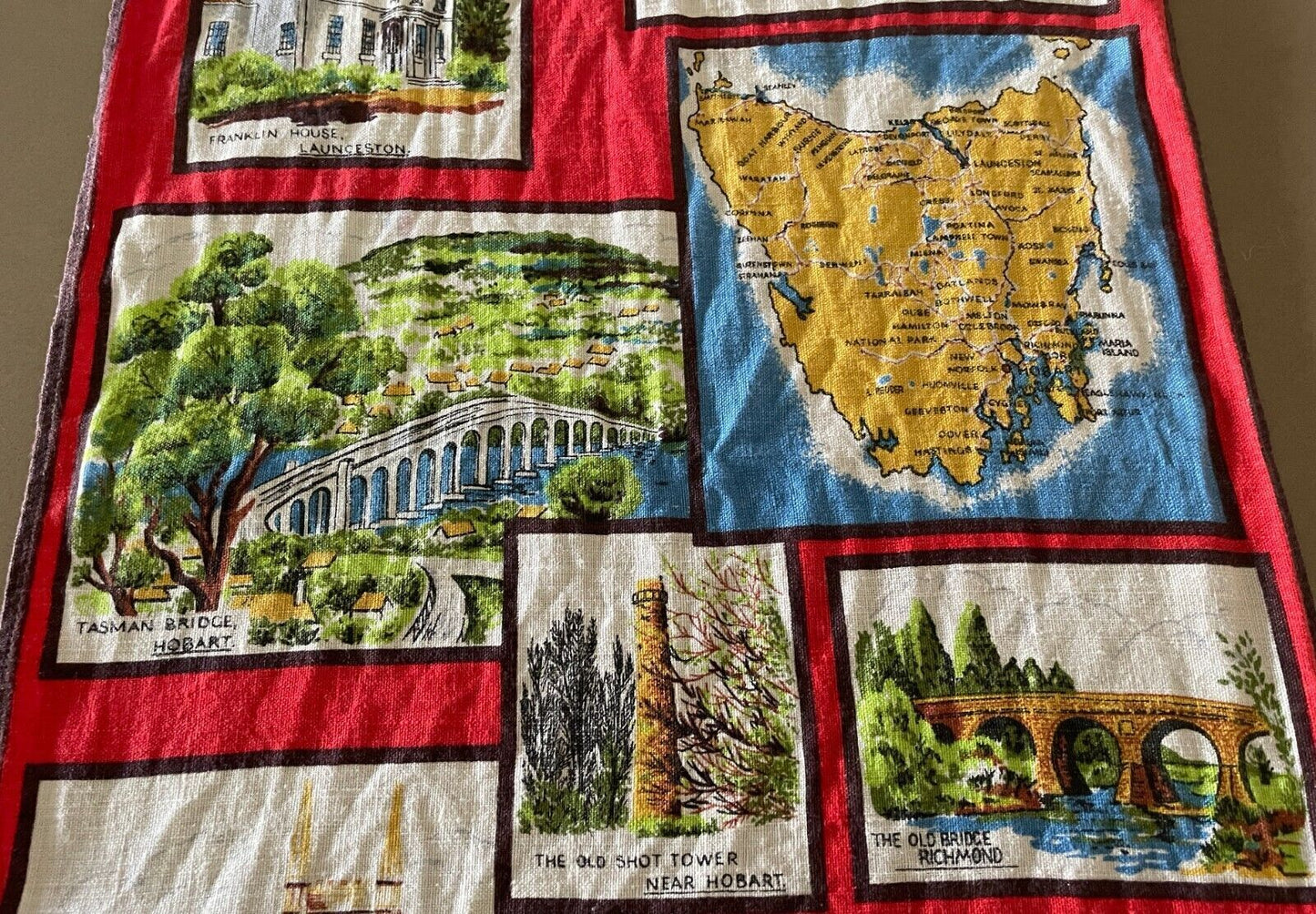 Vintage Tea Towel TASMANIA Australia Souvenir Attractions Launceston & Hobart