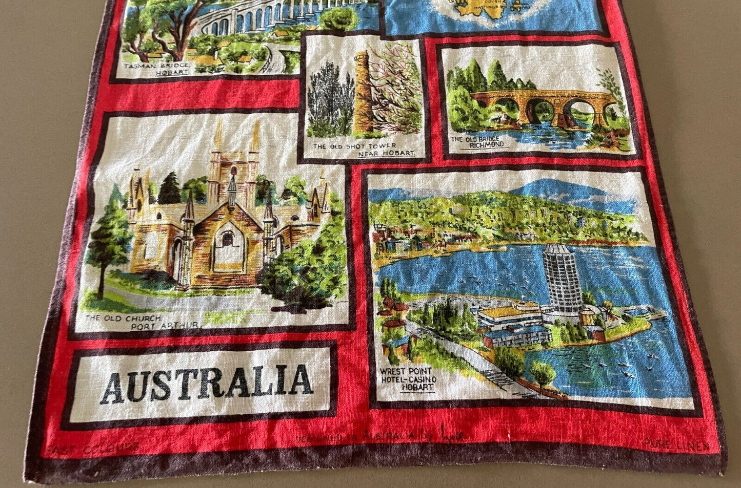 Vintage Tea Towel TASMANIA Australia Souvenir Attractions Launceston & Hobart