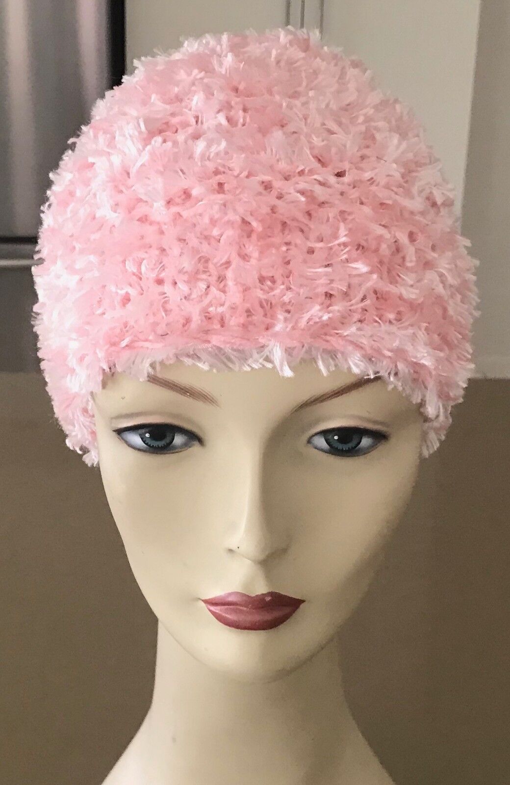 Chunky Fluffy Knit Beanie Hat Handmade Light Pink Chunky Fluffy Knit Size S