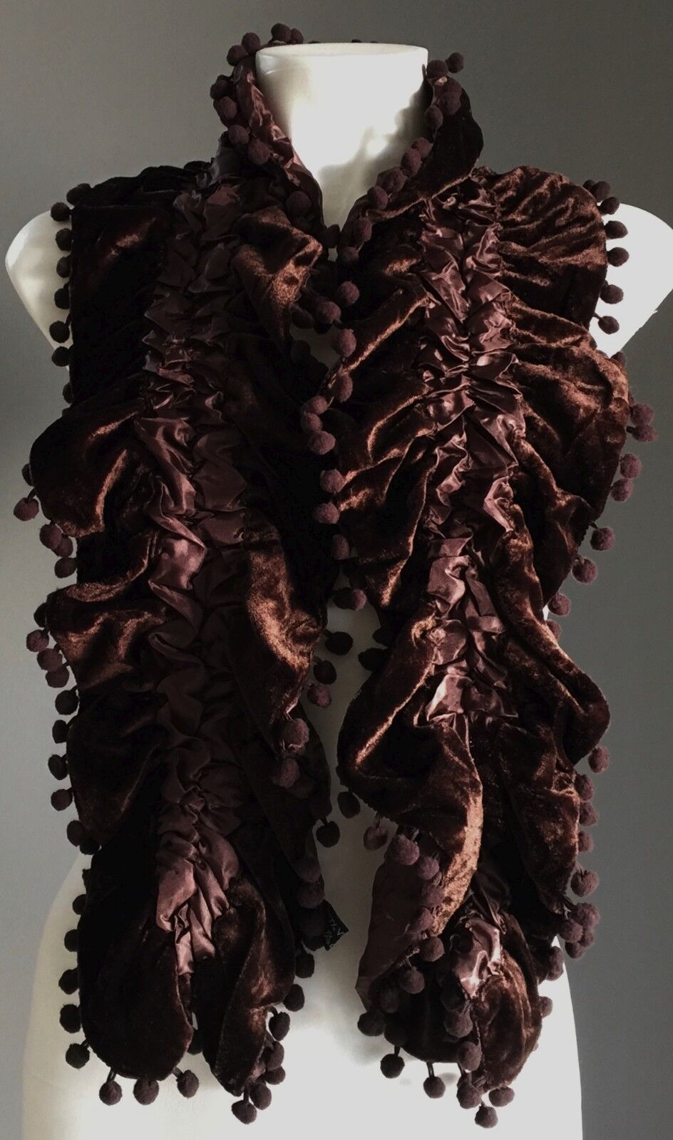 NECK SCARF Brown Velour & Ruched Elastic Satin Scarf w Pom Pom Trim NEW Wrap