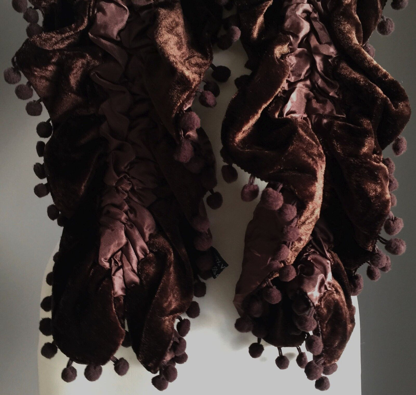 NECK SCARF Brown Velour & Ruched Elastic Satin Scarf w Pom Pom Trim NEW Wrap
