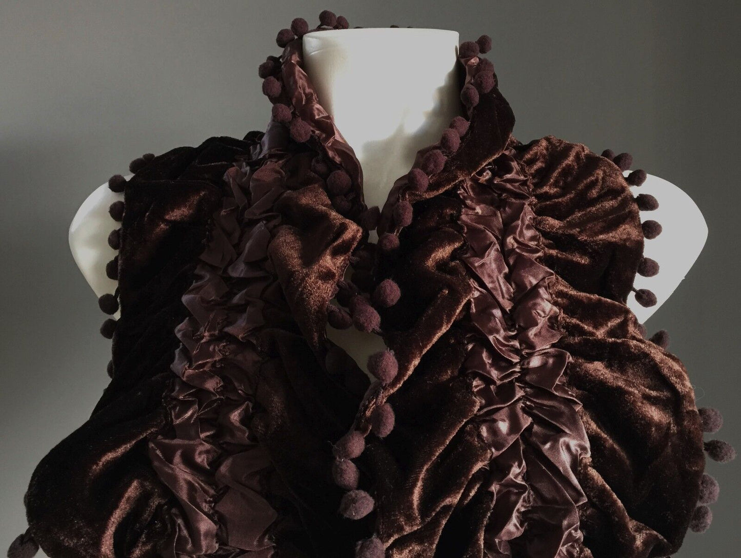 NECK SCARF Brown Velour & Ruched Elastic Satin Scarf w Pom Pom Trim NEW Wrap