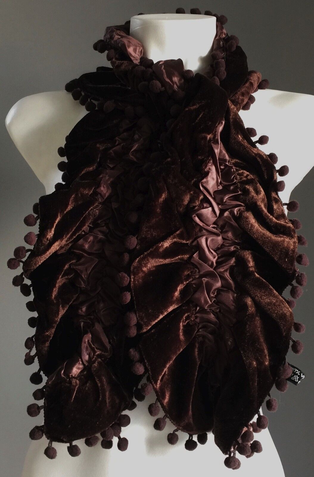 NECK SCARF Brown Velour & Ruched Elastic Satin Scarf w Pom Pom Trim NEW Wrap