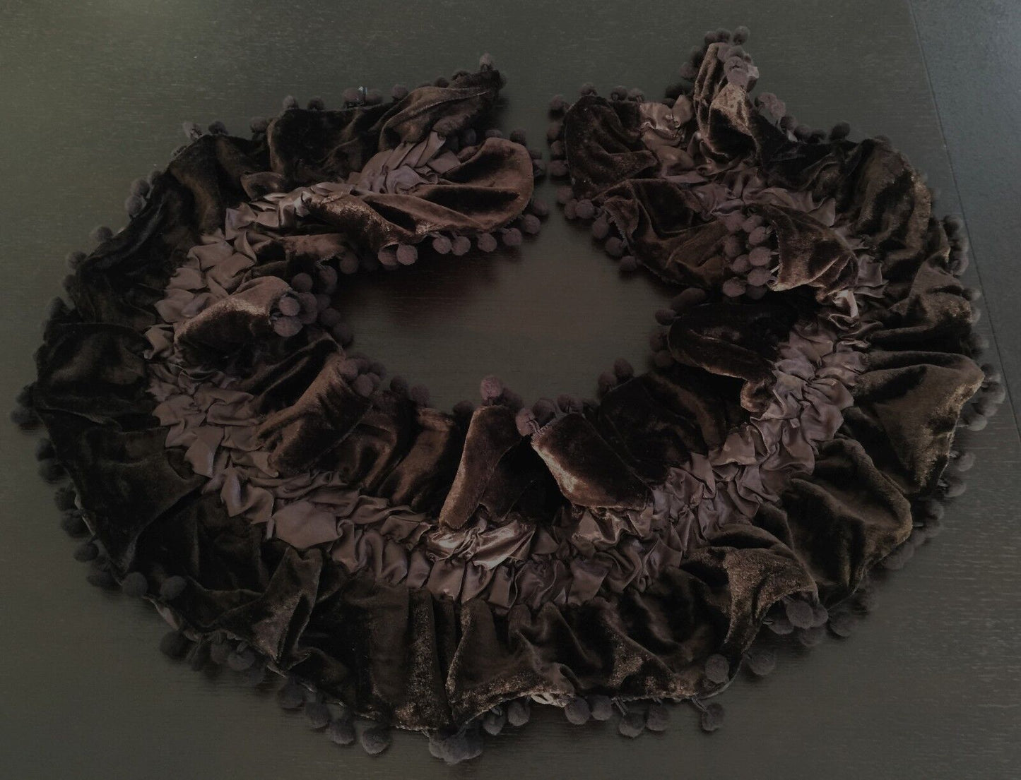 NECK SCARF Brown Velour & Ruched Elastic Satin Scarf w Pom Pom Trim NEW Wrap