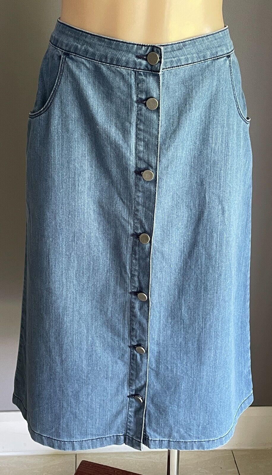 PIPER Skirt Mid Blue Denim A-Line Midi Length Button Front Size 8 10