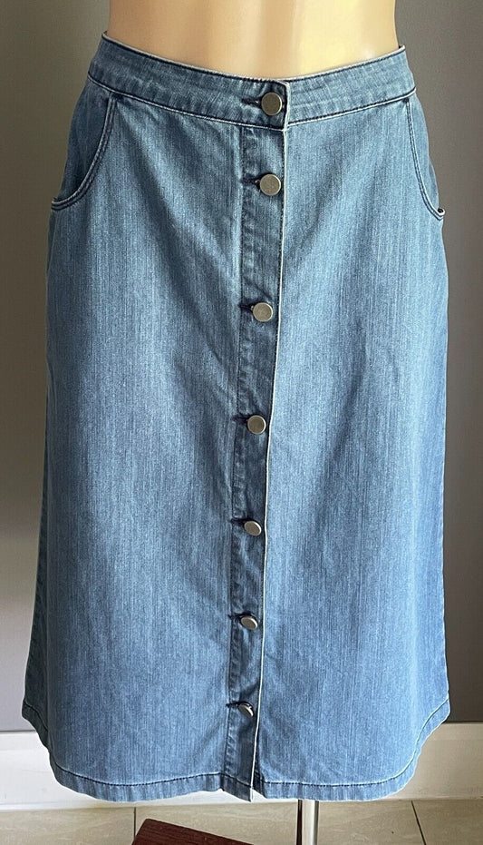PIPER Skirt Mid Blue Denim A-Line Midi Length Button Front Size 8 10