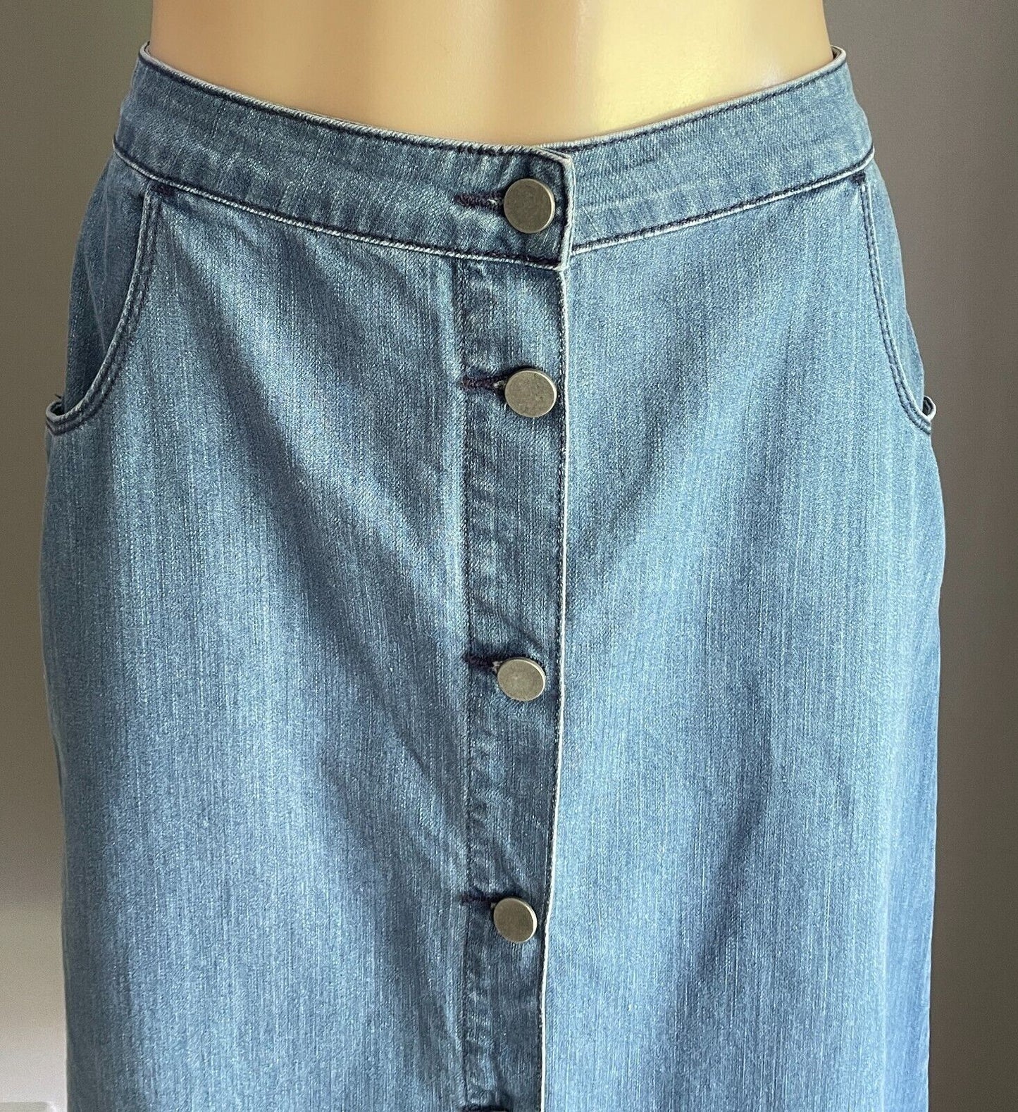 PIPER Skirt Mid Blue Denim A-Line Midi Length Button Front Size 8 10