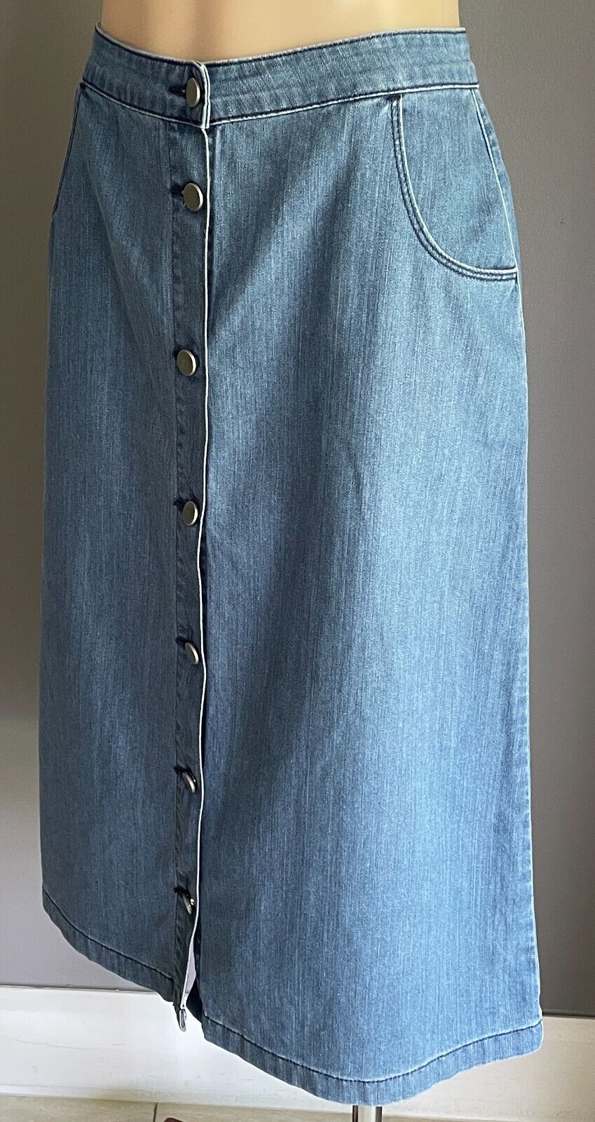 PIPER Skirt Mid Blue Denim A-Line Midi Length Button Front Size 8 10