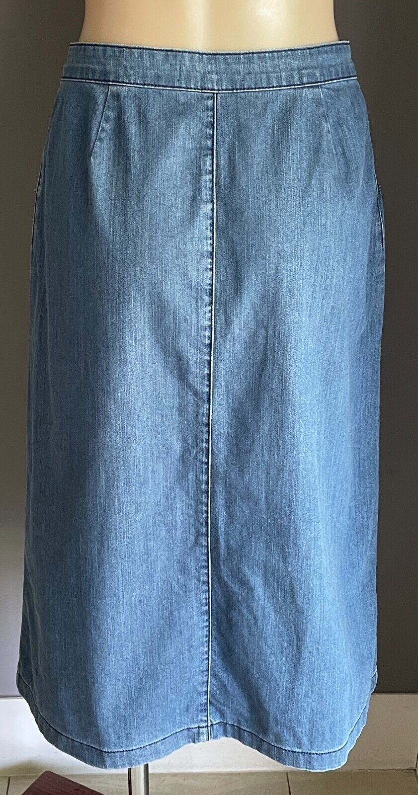 PIPER Skirt Mid Blue Denim A-Line Midi Length Button Front Size 8 10