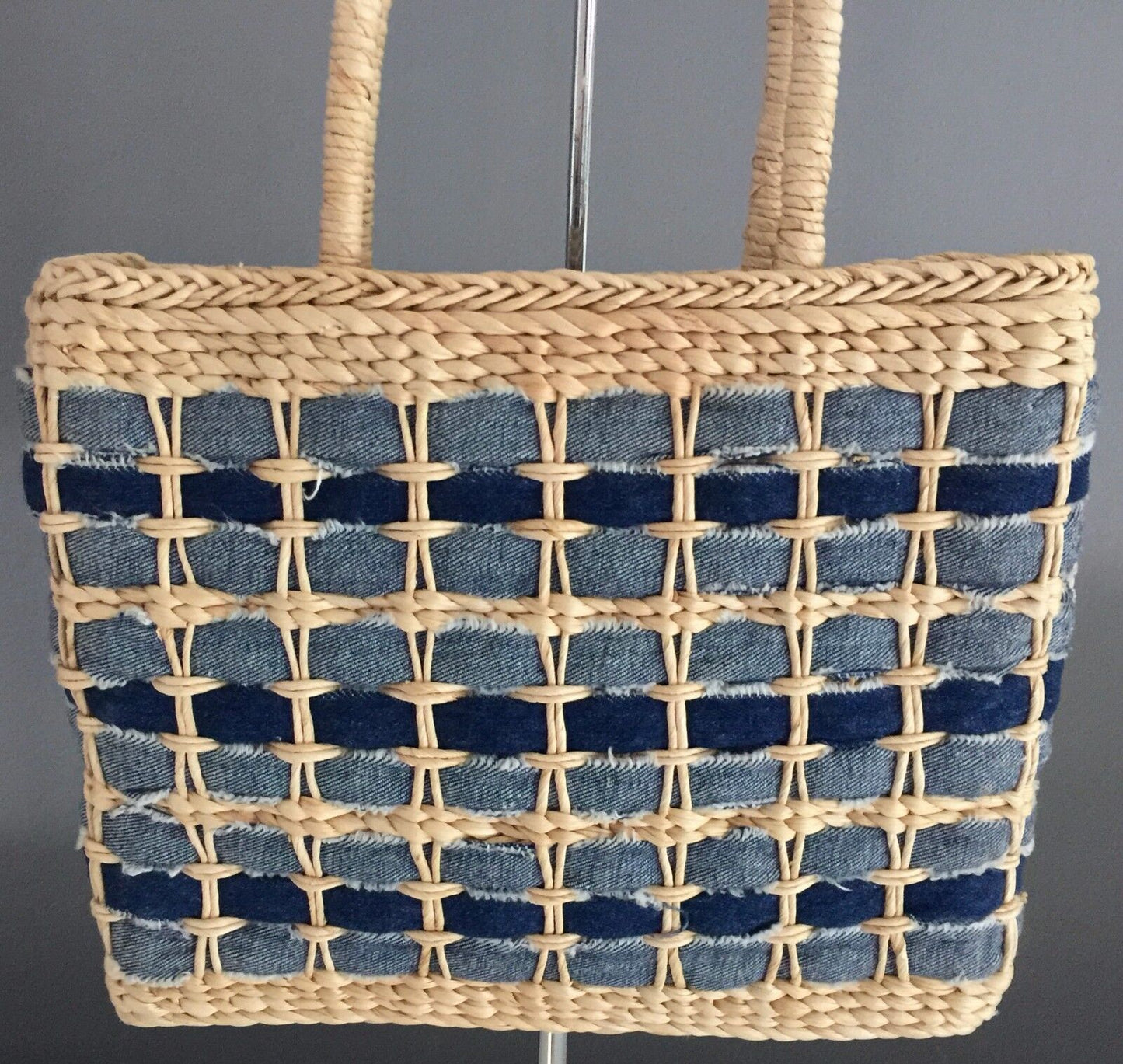 Retro JENDI Beige & Blue Denim Tote Shopper Beach Bag Stand Up Corn Husk Retro